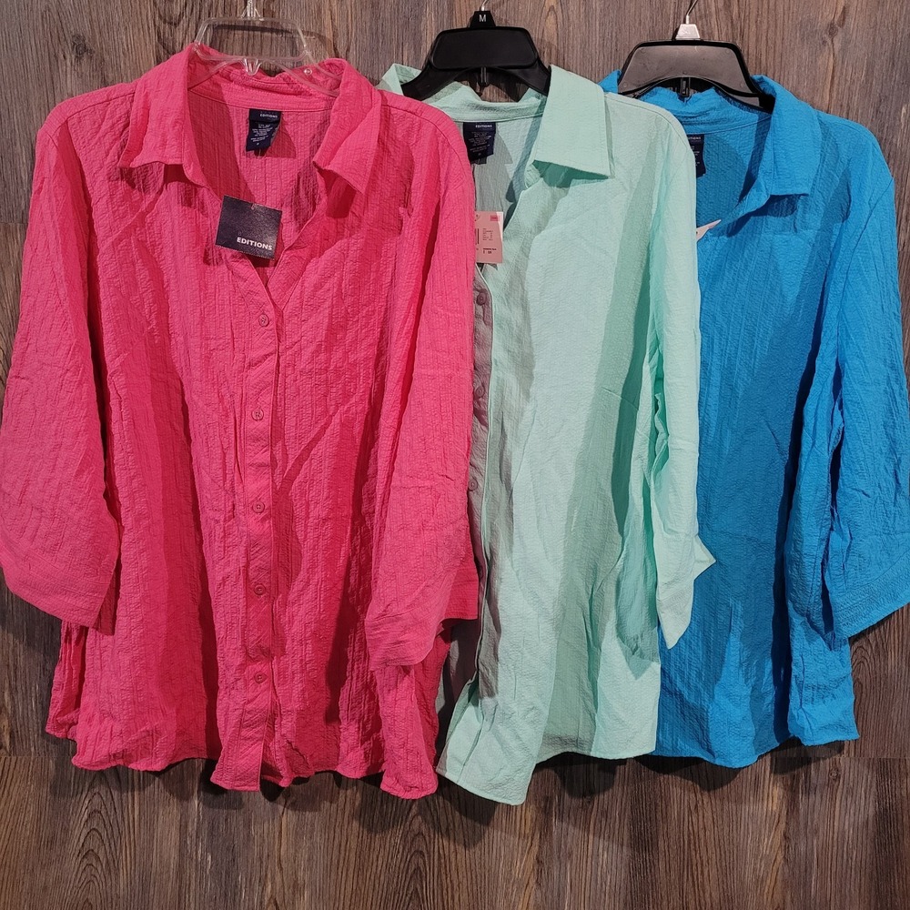 Basic Editions Button Front Seersucker Top 2X Green/Blue, 3X Pink Beach Resort